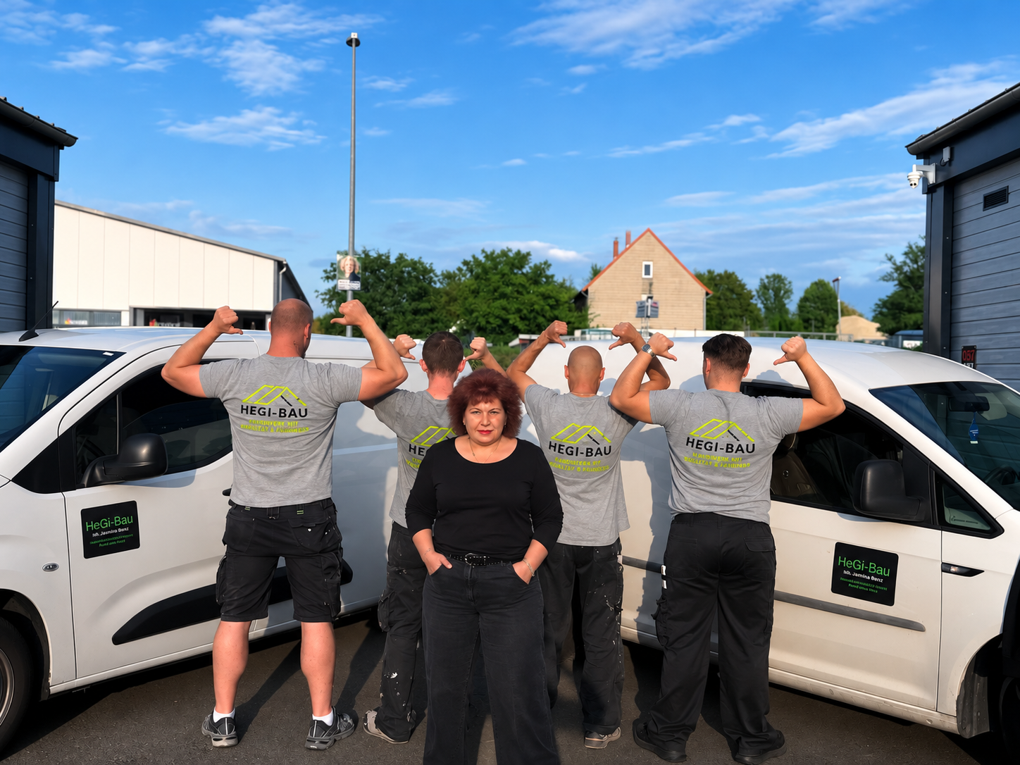 Das HeGi-Bau Team mit Jeannine vor den Firmenfahrzeugen