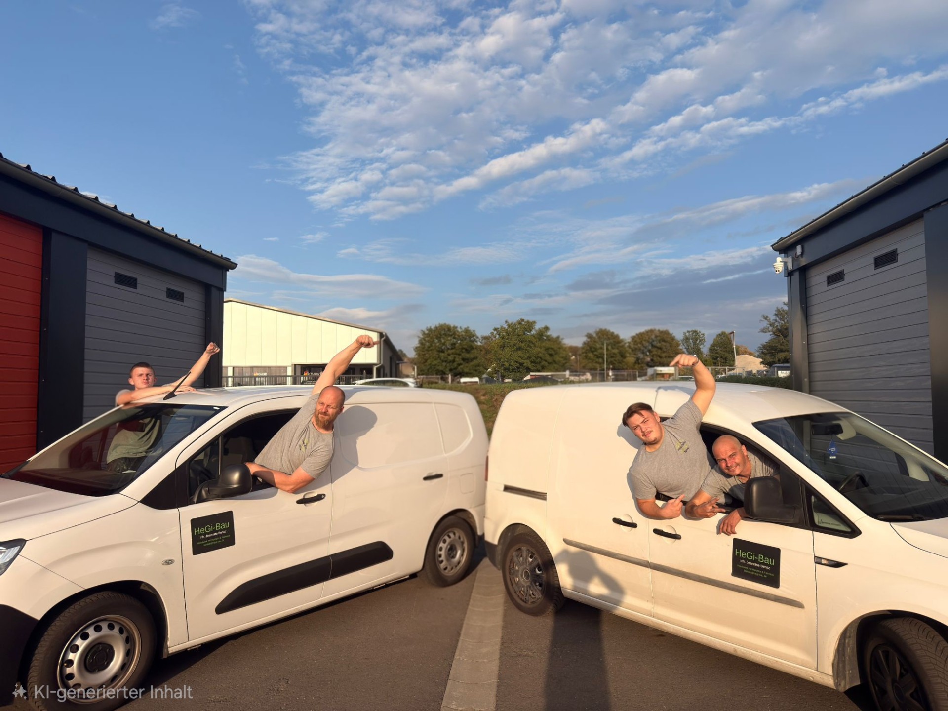 Das HeGi-Bau Team winkt aus den Firmenfahrzeugen