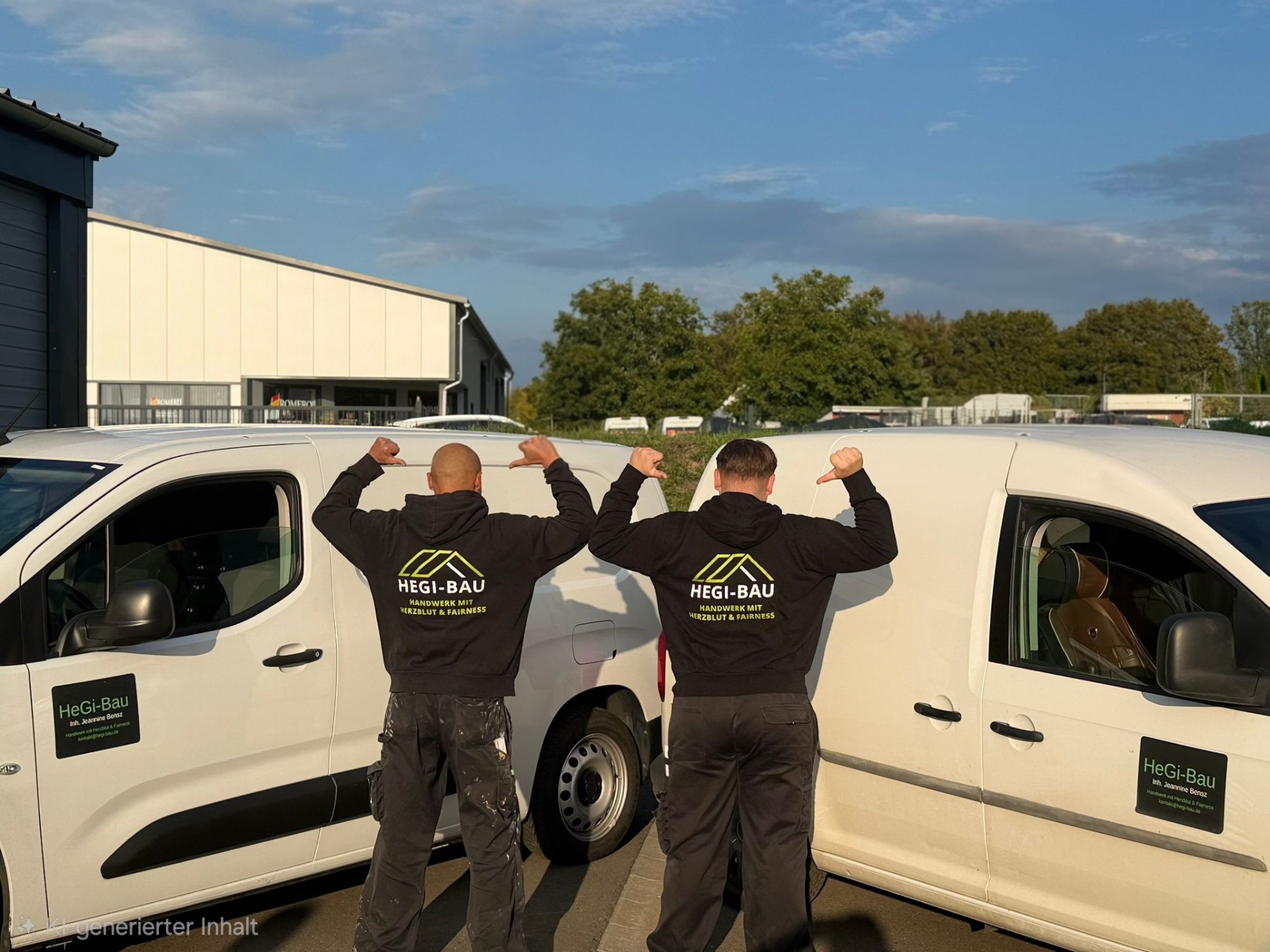 Chris und Tomek zeigen das HeGi-Bau Logo auf ihren Hoodies